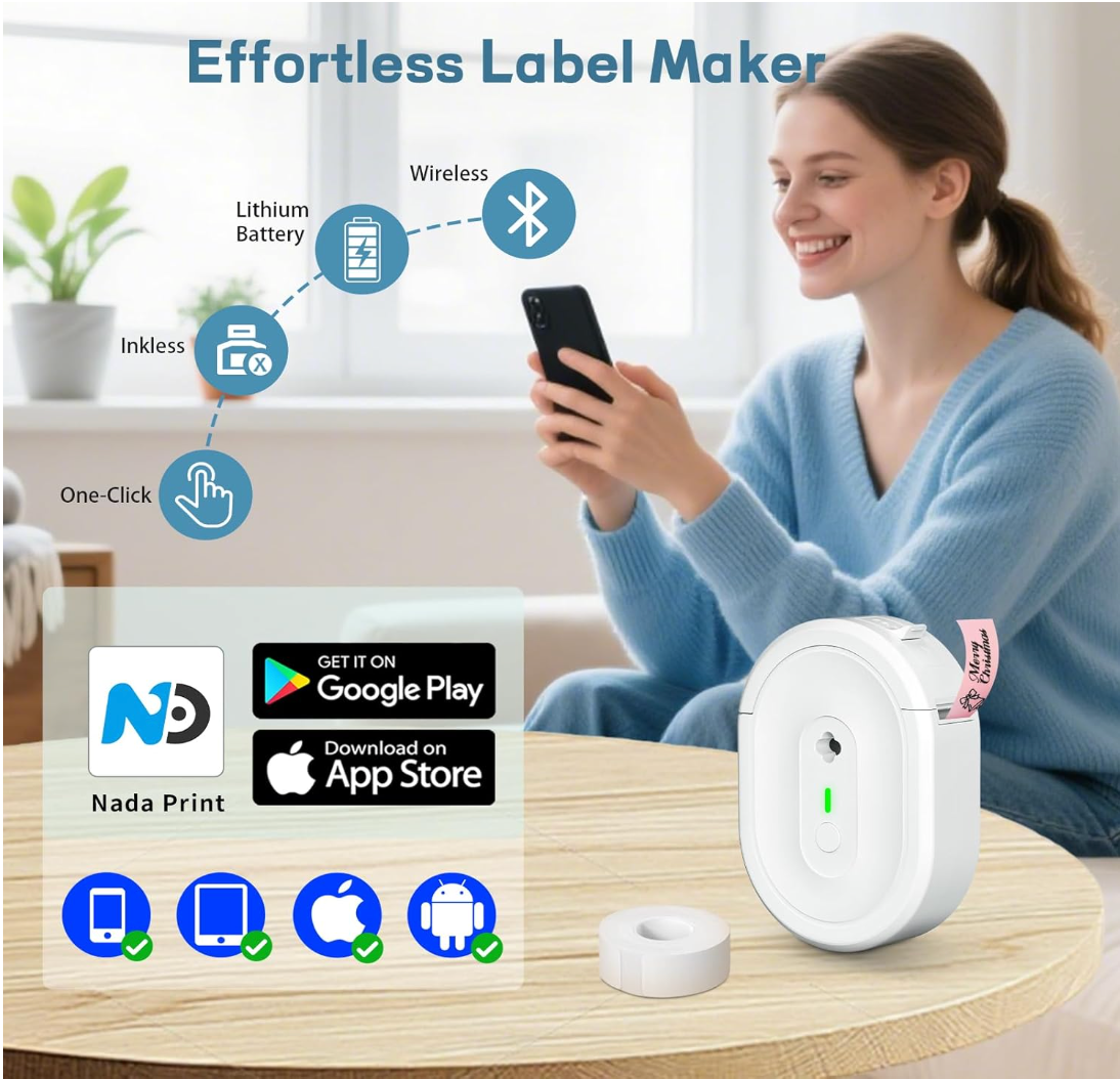 ELE:[NOYIN-Label Maker-N12-White]-Compact Bluetooth label printer with inkless printing, rechargeable battery