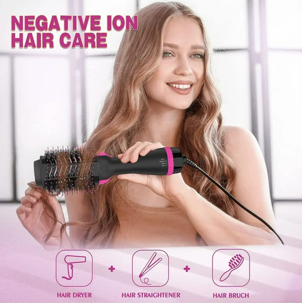 HOU:[Bglam-Dryer Brush]- Tourmaline, Ionic, Lightweight, Fast-Drying, Anti-Frizz, Volumizing, Detangling, Straightening, Curling