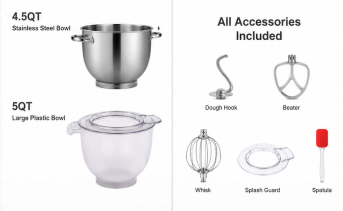 UN-ELE:[UHOMEPRO Stand Mixer SM-1531 Gray]-10 Speed Tilt-Head Stand Mixer 4.5QT+5QT Bowls Dough Hook Whisk Beater Splash Guard