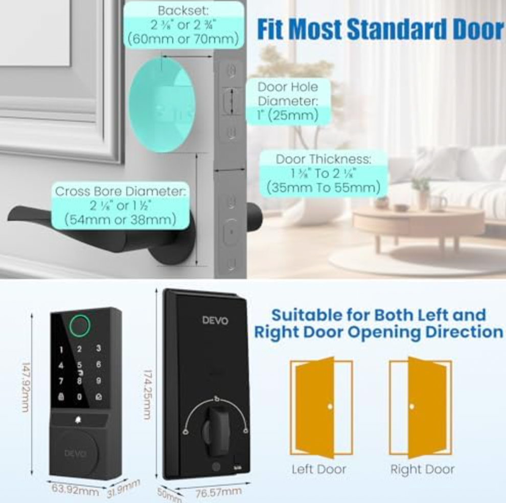 ELE:[DEVO-Keypad Deadbolt Lock-Smart Lcok-G2-Black]-AI Fingerprint Smart Door Lock Bluetooth App Keypad IC Card Key Unlock