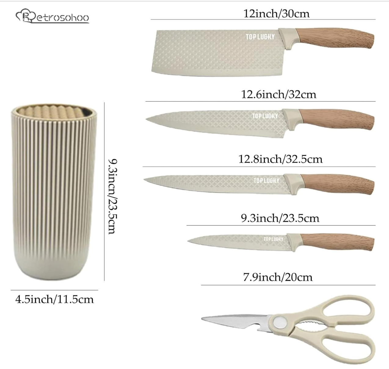 HOU:[TOP LUCKY-6-Piece Knife Set Wooden Handle Beige]-6-Piece Stainless Steel Knife Set Nonstick Sharp Durable Comfortable Handle