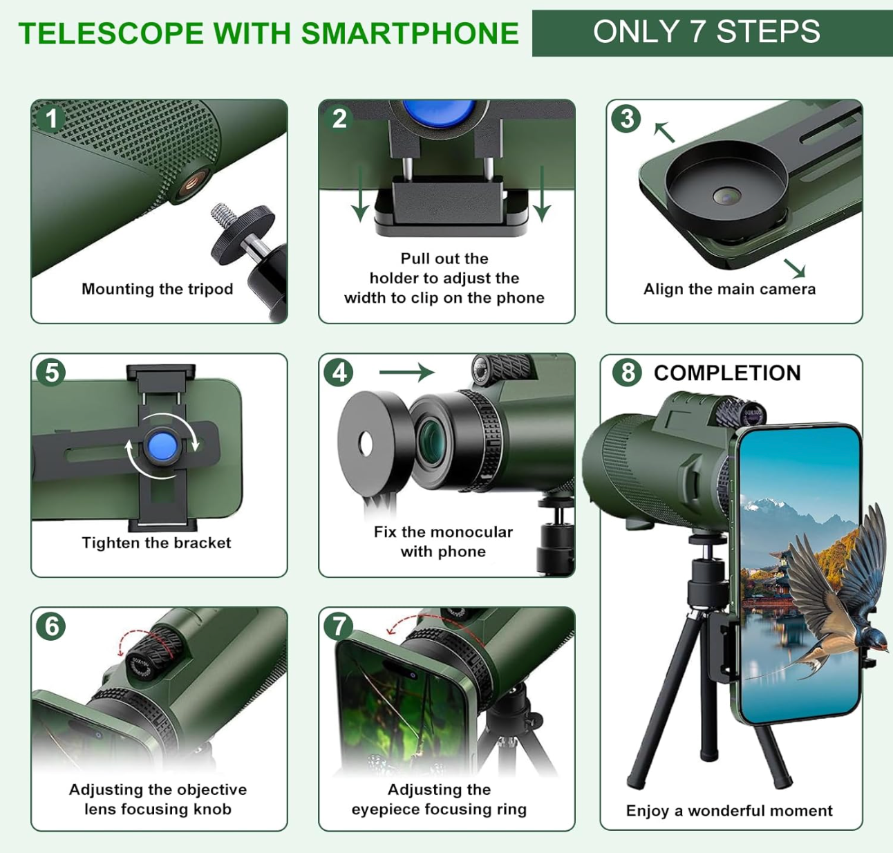HOU:[Tigeberst-Monocular Telescope]-12x High Power Monocular Telescope With Smartphone Adapter And Tripod