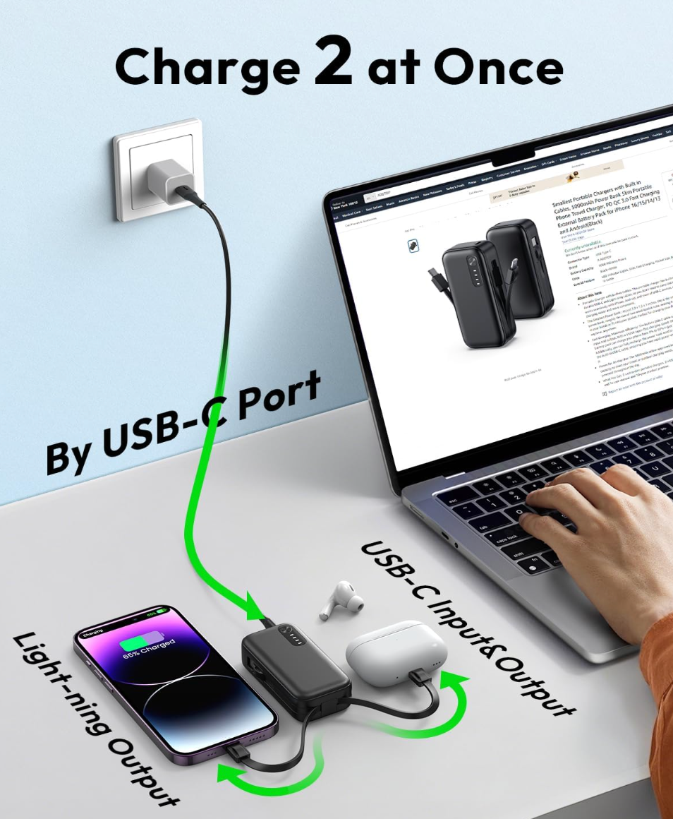 ELE:[Mini-Portable Charger-1pc-Black-M501X]-5000mAh Small Power Bank PD QC Fast Charging USB-C External Battery Pack for iPhone 16/15/14/Android