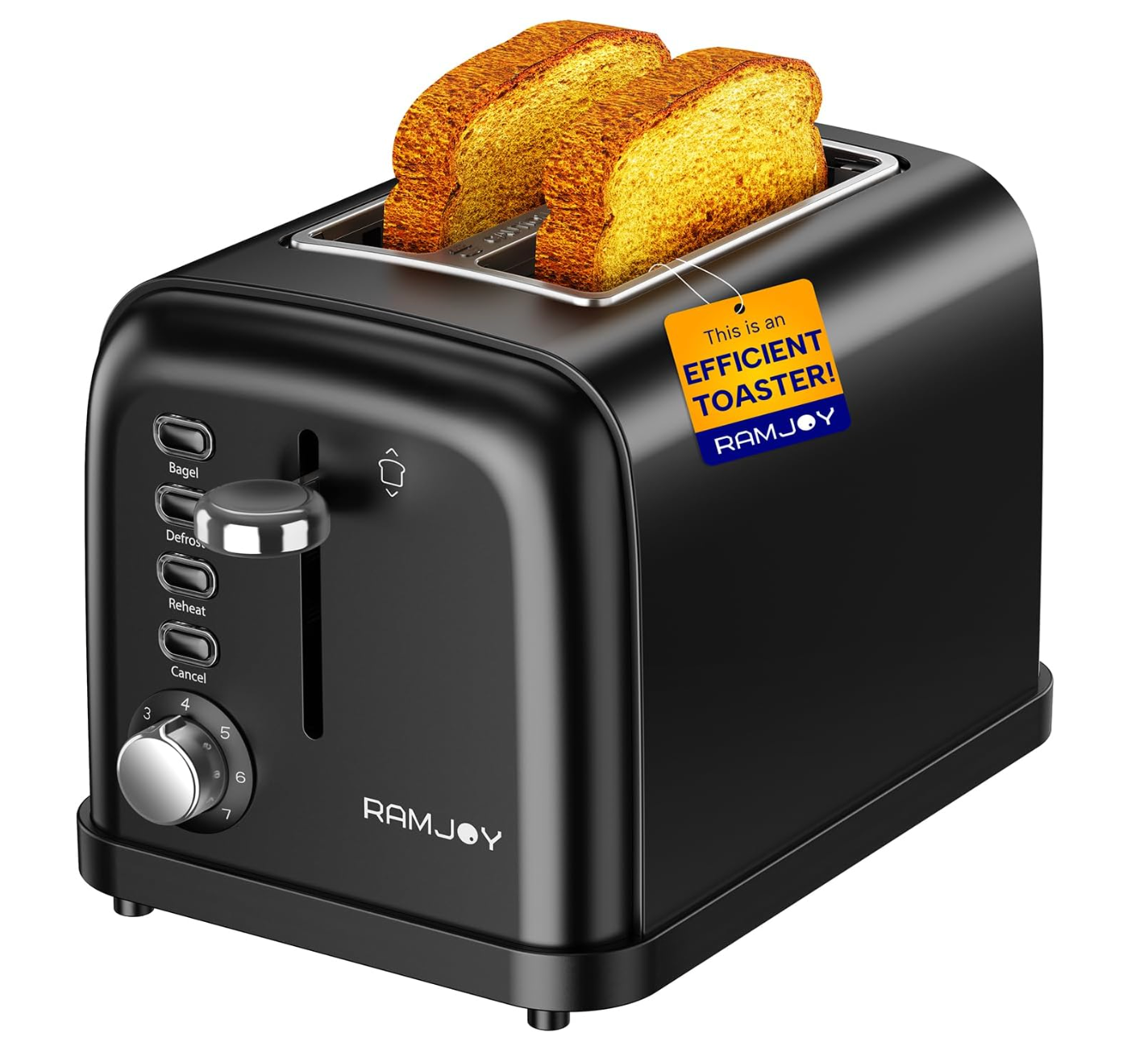 HOU:[RAMJOY-2 Slice Toaster-Black]-2-Slice, Stainless-Steel, 7-Settings, Bagel, Defrost, Reheat, Can