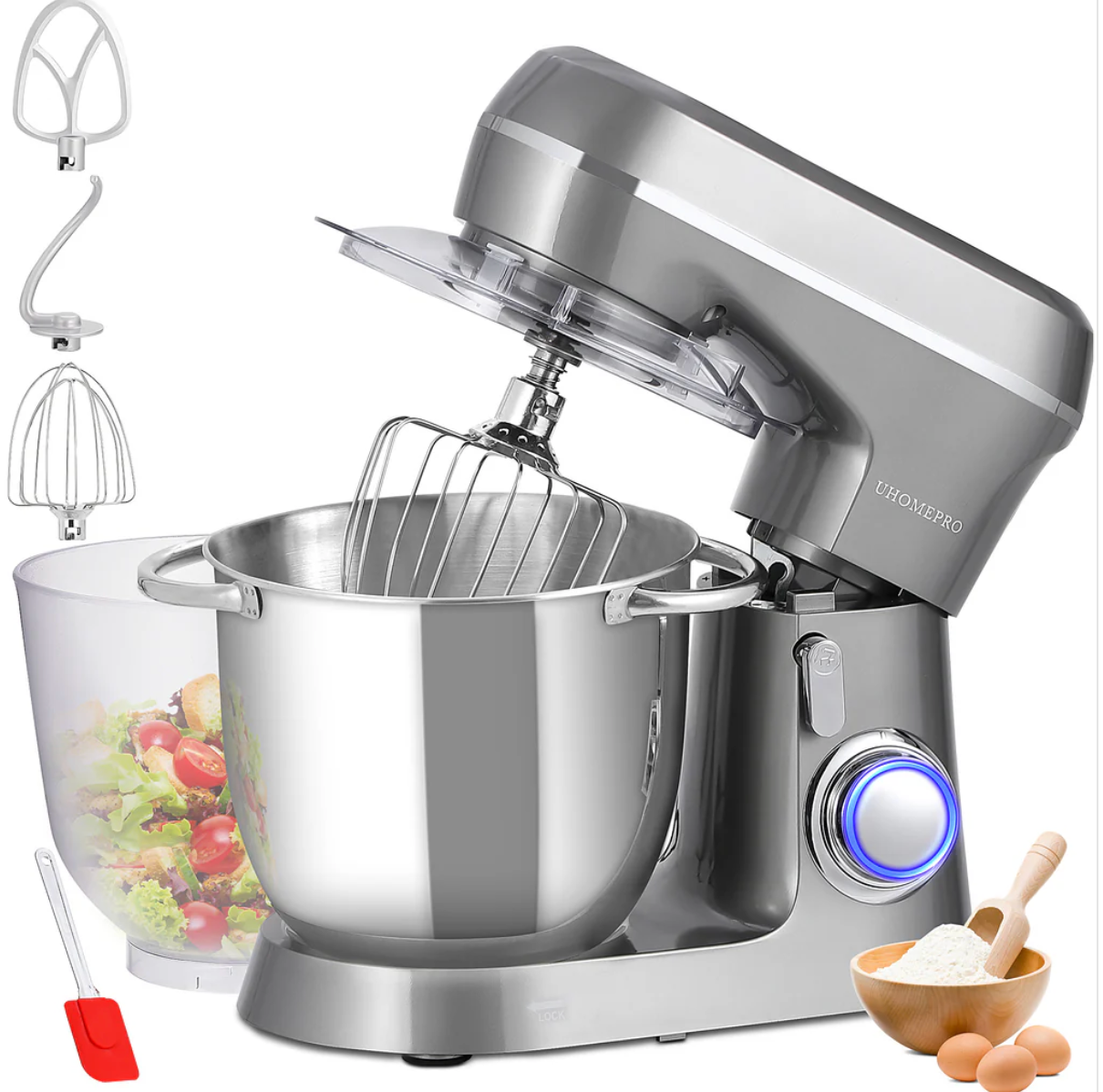 UN-ELE:[UHOMEPRO Stand Mixer SM-1531 Gray]-10 Speed Tilt-Head Stand Mixer 4.5QT+5QT Bowls Dough Hook Whisk Beater Splash Guard