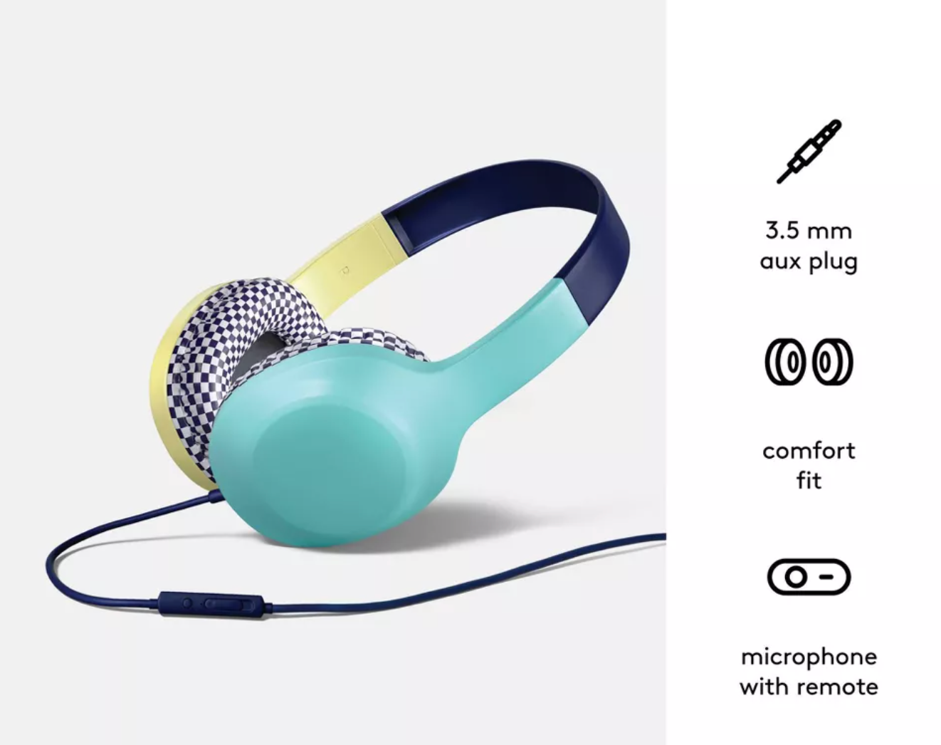 ELE:[heyday-Wired Over-Ear Headphones-3.5mm-Blue]-Wired Headphones Built-In Mic Comfortable Cushions Clear Sound Durable