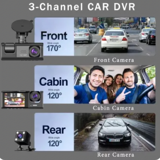 ELE:[Black Box-Dash Camera Front Rear 1296P-Black]-Triple Camera Dash Cam Loop Recording G-Sensor Pa