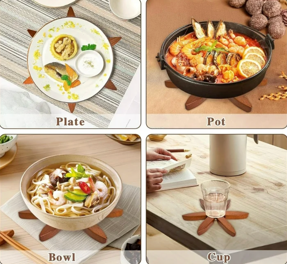 HOU:[Wooden Tree Trivet Coaster Set] — Foldable Heat Resistant Kitchen Table Protector