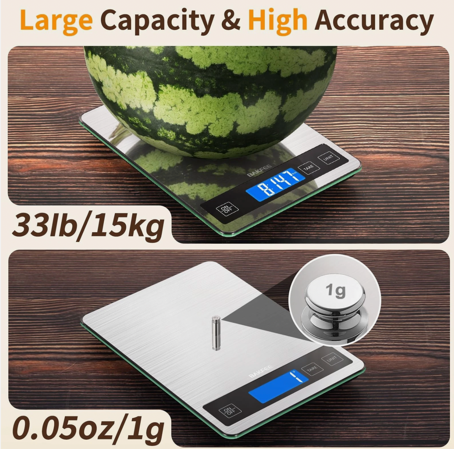 ELE:[BakFee-Digital Kitchen Food Scale Rechargeable-Silver]-33lb Rechargeable Waterproof Kitchen Scale Precise Weighing Tare Function Stainless Steel