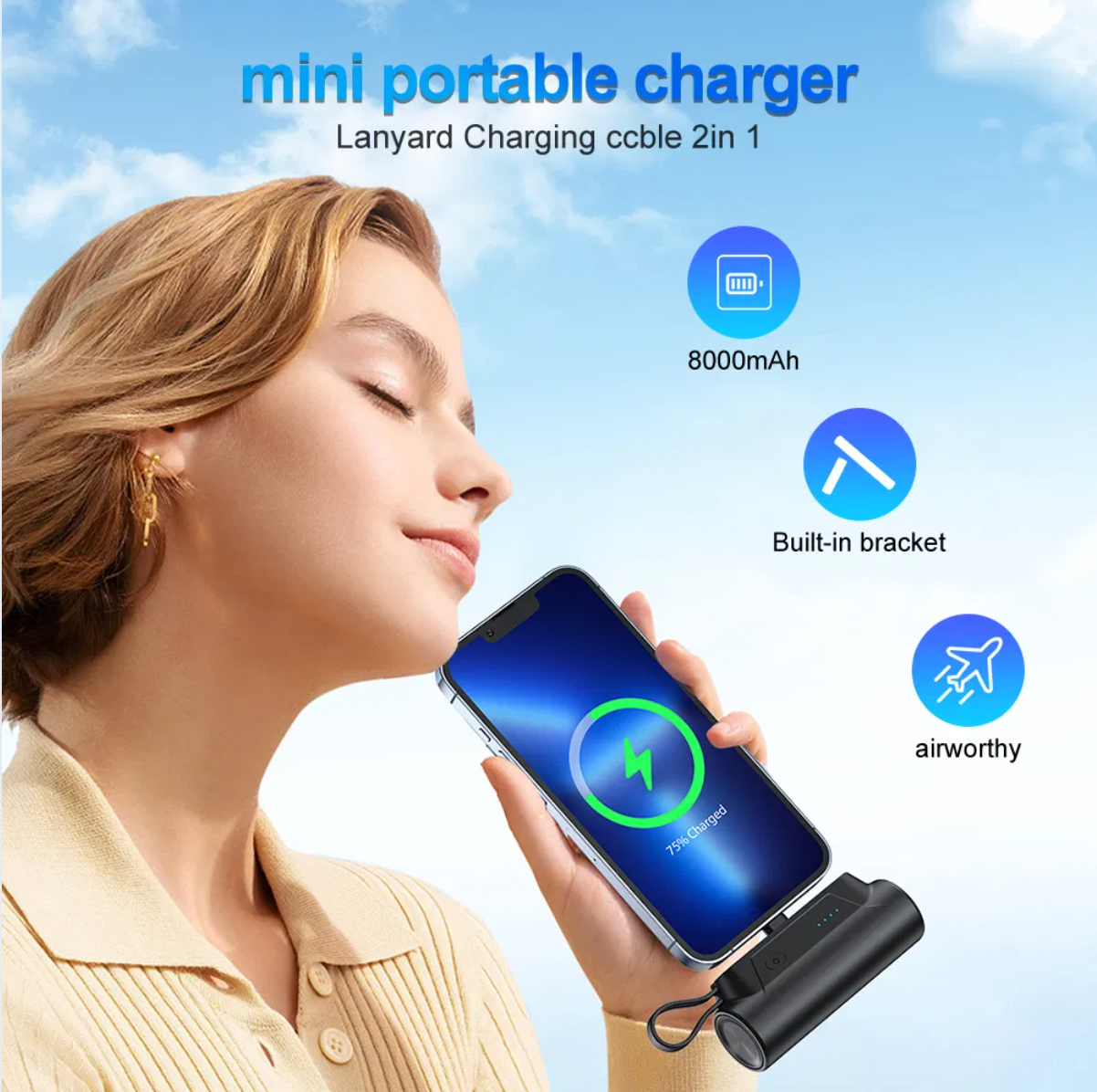 ELE:[Portable Charger 8000mAh-Black White 2PCS]-Built-In Cables Fast Charging Portable Power Bank Compact Lightweight Travel