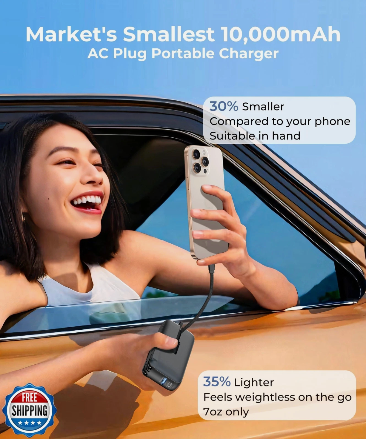 ELE:[JOYFAR-Portable Charger-10000mAh]-Portable Power Bank With Built-In USB-C Cable Fast Charging Capability