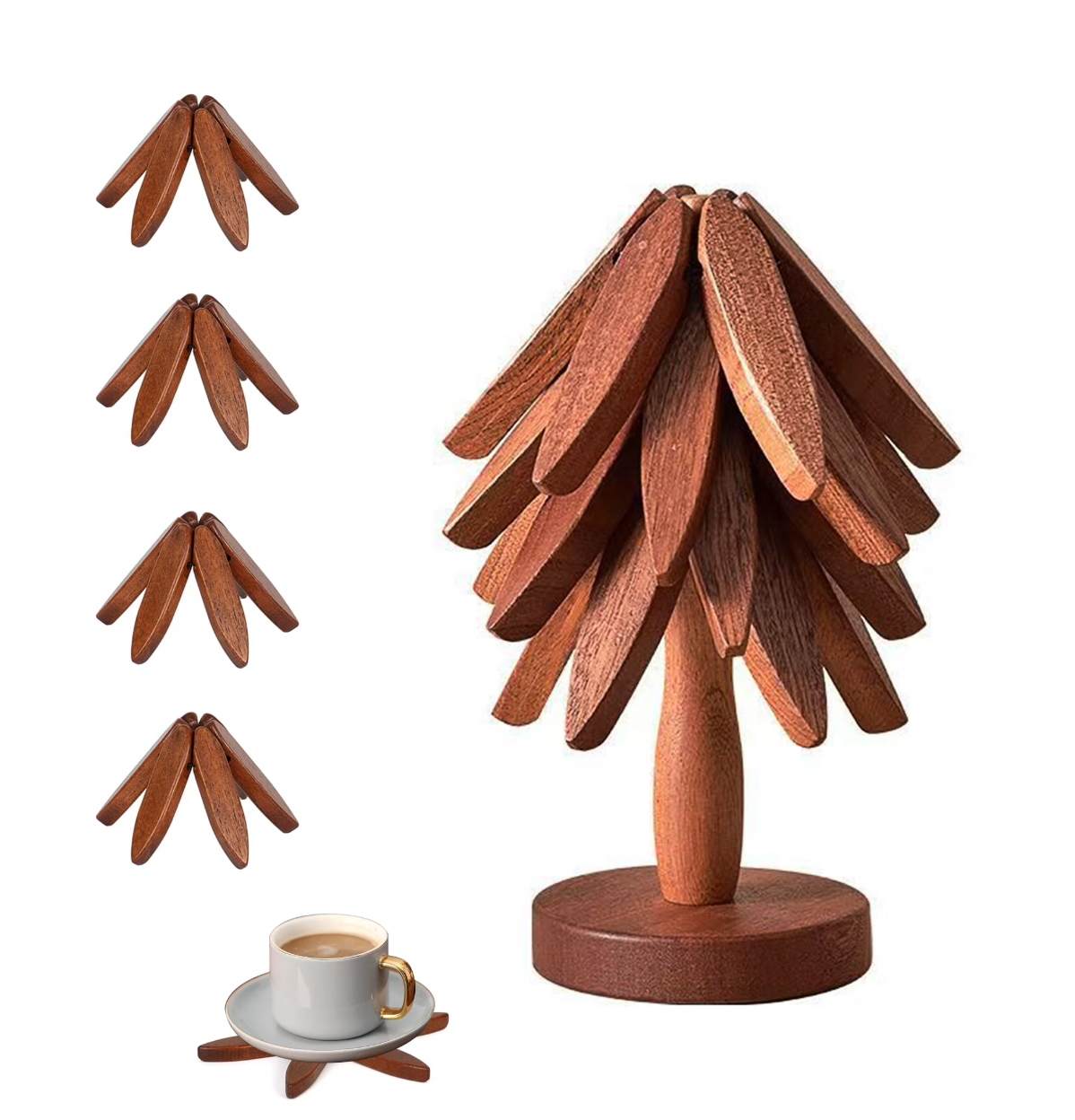 HOU:[Wooden Tree Trivet Coaster Set] — Foldable Heat Resistant Kitchen Table Protector