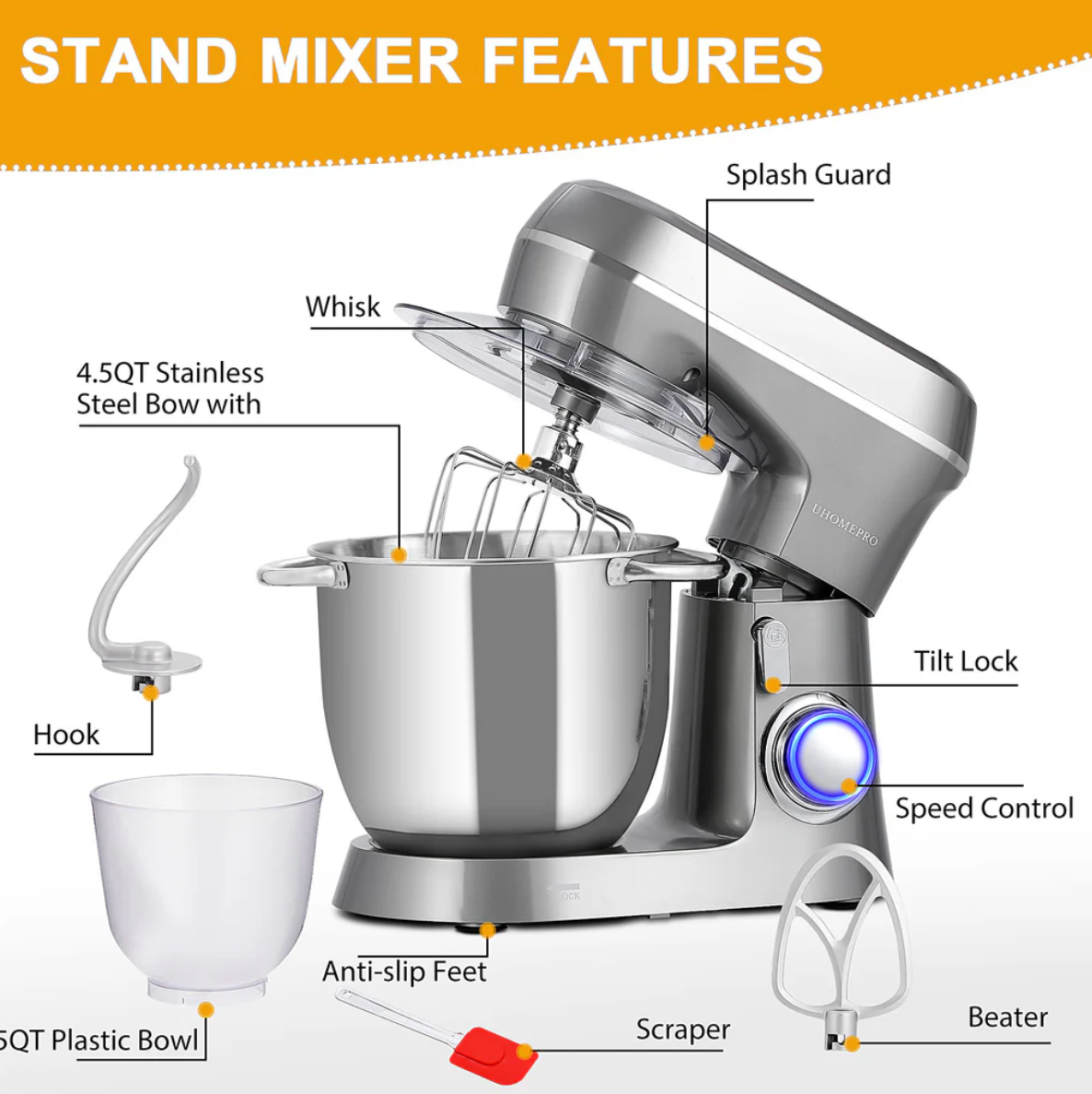 UN-ELE:[UHOMEPRO Stand Mixer SM-1531 Gray]-10 Speed Tilt-Head Stand Mixer 4.5QT+5QT Bowls Dough Hook Whisk Beater Splash Guard