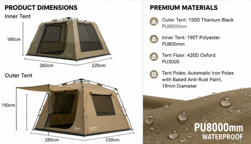 UN-OUT:[Bluewell Moru 5.0 ML-01 Khaki]-Instant Cabin Camping Tent Waterproof Family Tent PU8000mm Easy Setup 4-6 Person
